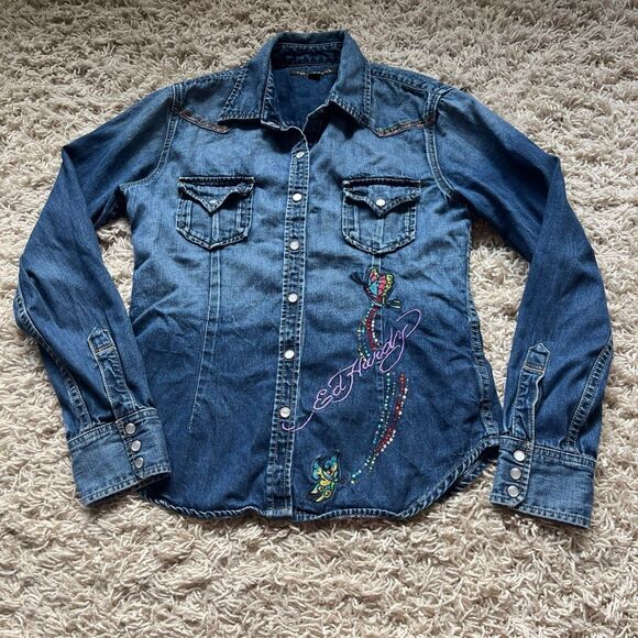 Ed Hardy Shirt Mens L Denim Western Pearl Snap Rhinestone by Christian Audigier - Picture 5 of 15